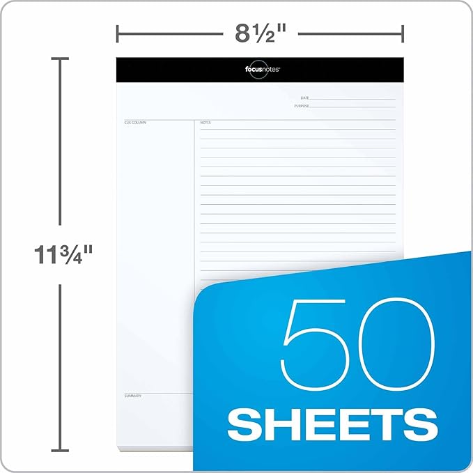 Oxford FocusNotes Writing Pad, Clear Note-Taking System, 8.5 x 11 Sheets, Guided Note, Cue & Summary Sections, 50 Sheets, Professional School and Office Notepad, Proudly Made in the USA