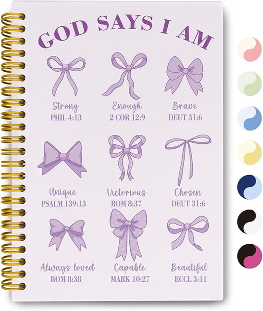 Bible Journal for Women, Christian Prayer Journal Pureple Notebook Gifts for Teen Girls Kids Women, Back To School Bible Study Supplies，Coquette Preppy Bows Cute Church Faith Journaling Hardcover Spiral Notebook 5.5 X 8.3