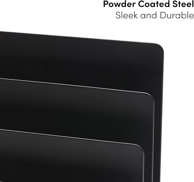 Desktop Mail Organizer – 3-Slot Black Metal Letter Holder and Bill Sorter for Office and Home