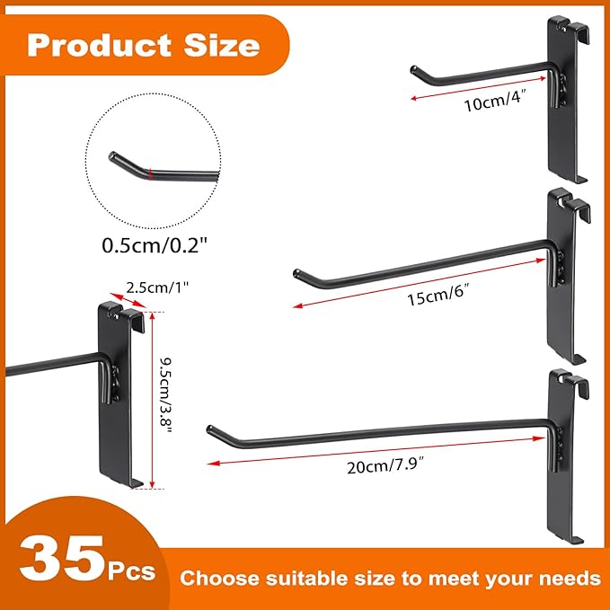 35 Pcs Gridwall Hooks, 8 Inch Metal Grid Hooks for Retail Garage Workspace Home Organization, Grid Wall Panels Accessories, Display Hooks Hangers for Clothes Painting Photography Canvas