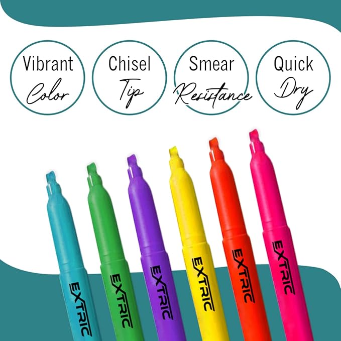EXTRIC 6 Pack Highlighters, Fluorescent Assorted Colors, Quick Dry, Pen Style Chisel Tip highlighter marker, Smudge Free, Pocket Size