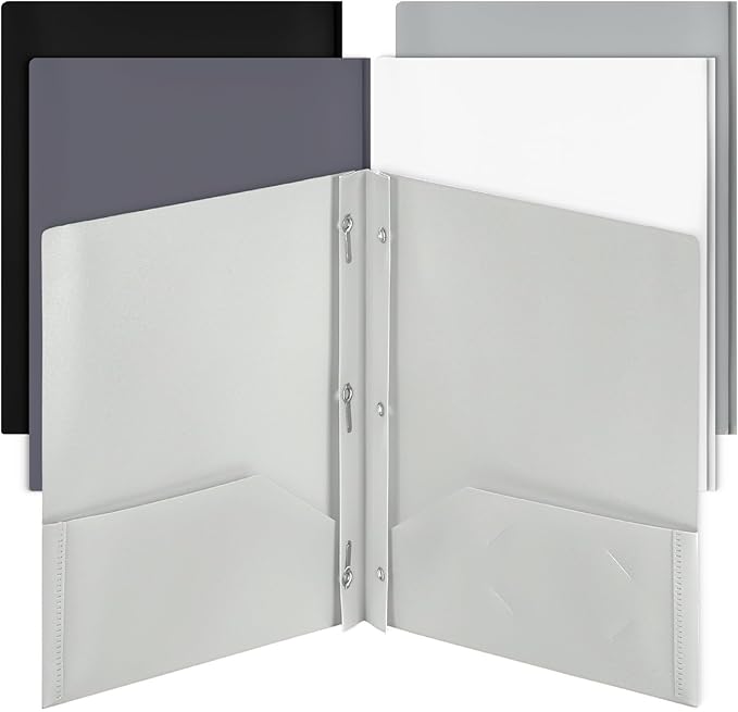 Mr. Pen- Plastic Folders with Pockets and Prongs, 5 Pack, Letter Size, Flexible Plastic Folders with Prongs, Black and White Theme