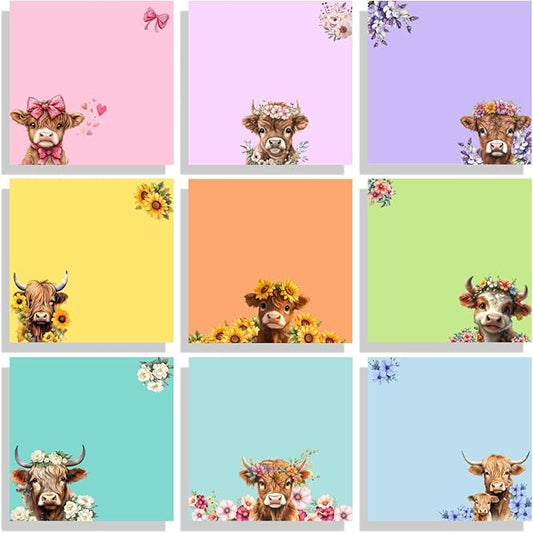 9 Pads Highland Cow Sticky Notes Set, Cute Self-Stick Notepads, Super Adhesive Memo Pads Note Card, Funny Office Decor Gifts, Desk Accessories for Students, Teacher and School Supplies, 3x3in