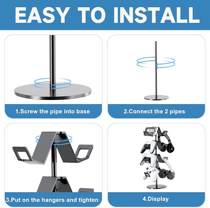 Controller Holder 4 Tier,Headphone Stand - Adjustable Headset Holder for Xbox PS5 PS4 Switch Pro - Gaming Accessories Storage for Gamer,Desk/Floor(Black)