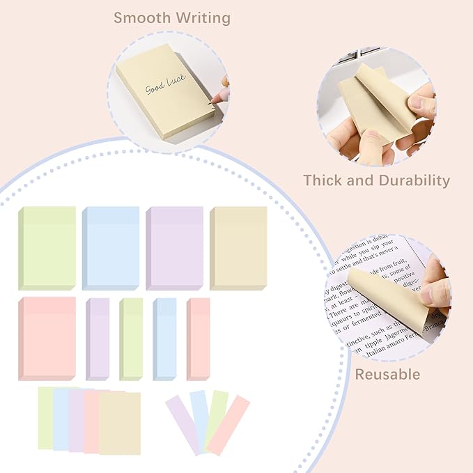 BAYTORY 6 Pads Pastel Sticky Notes, Small Self-Stick Note, Index Tabs Easy to Post for School Office Notebook (3x2 & 3x0.7 Inch)