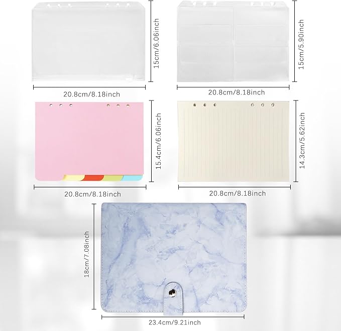 FYY A5 Binder Refillable Planner Notebook 6 Ring PU Leather Binder Journal with Pockets, Dividers, Refill Paper Marble Blue