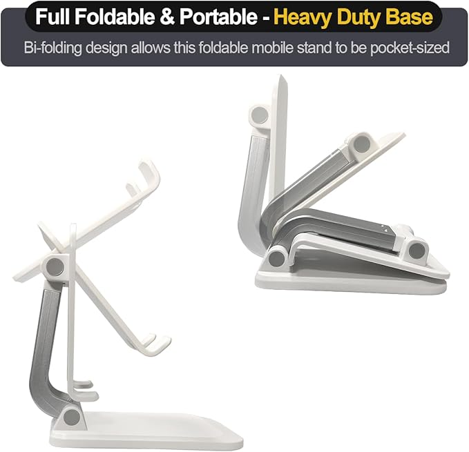 POQOD Foldable Cell Phone Stand for Desk, Fully Adjustable Phone Holder for Desk Compatible with iPhone 16 15 14 13 12 11, Nintendo Switch, All Phones, (New-White)