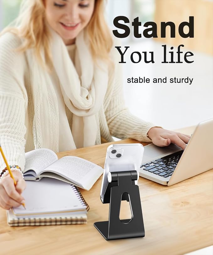 Cell Phone Stand for Desk- Adjustable Phone Stand Holder, Cradle, Dock, Desktop Stand for iPhone 17 16, 15, 14, Plus, Pro, Pro Max, 13 12 X XS,4-8" Phones, Office Accessories (Black)