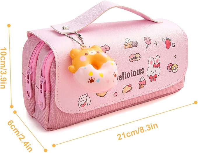 Pencil Case for Girls, Kids Large Capacity Cute Pencil Box with Compartments School Organizer Pen Pouch (Doughnut Pink)