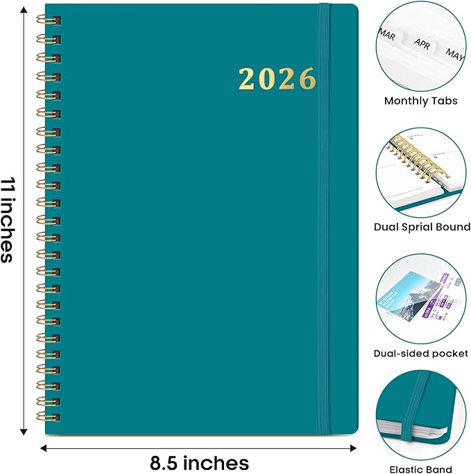 2026 Planner 8.5" x 11", Weekly and Monthly Calendar Planner Book, January 2026 - December 2026, Hardcover Spiral Planner with Monthly Tabs, Notes Pages, Perfect for Women & Men, A4 - Turquoise