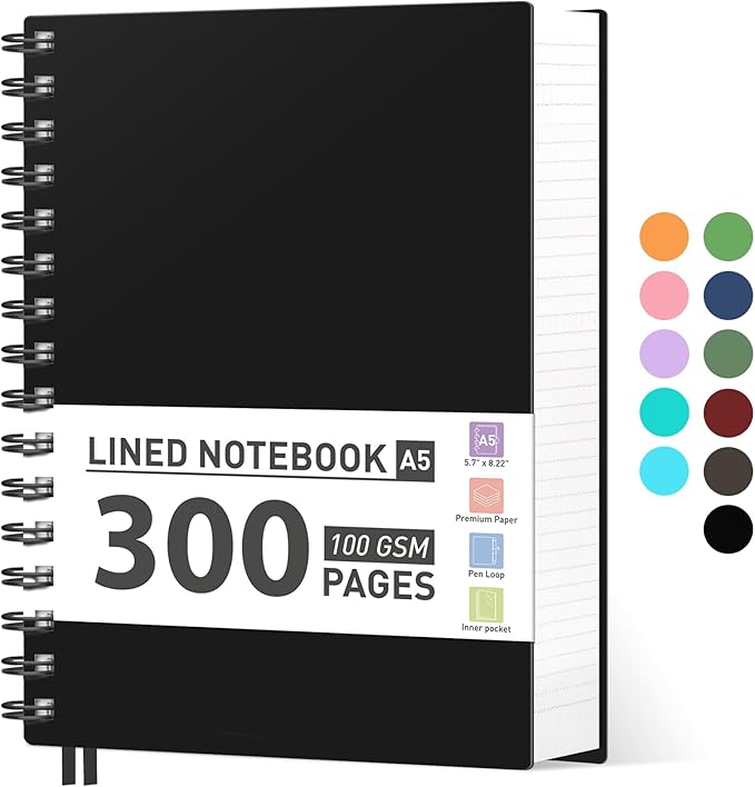 AHGXG Spiral Notebook College Ruled - Spiral Journal A5 Smal Notebooks for Work, 100GSM Thick Paper, Plastic Hardcover, for Office School Writing Notes,5.7" x 8.3", Black