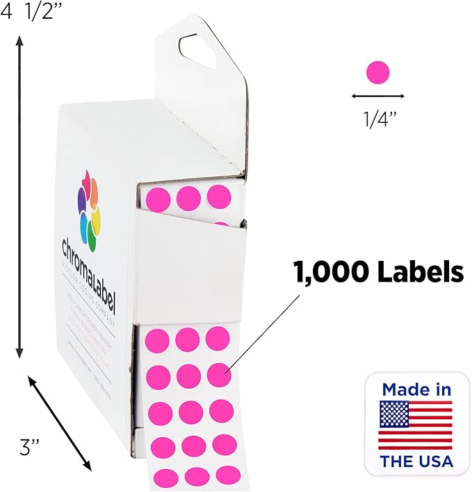 ChromaLabel 1/4 Inch Fluorescent Pink Circle Stickers, Round Colored Labels, Colored Dot Stickers with Dispenser Box, Round Color Coding Labels, 1000 Sticky Dots, Fluorescent Pink