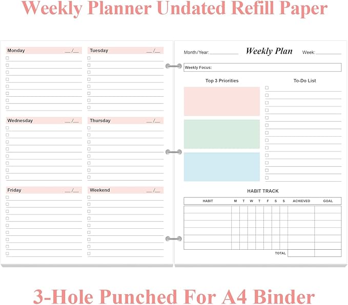 3-Hole Weekly Planner Refills - 53 Sheets/106 Pages Colorful Weekly Planner for 3 Ring Binders, 100 gsm White Paper, Lasts 1 Year, Undated, 8.5'' x 11''
