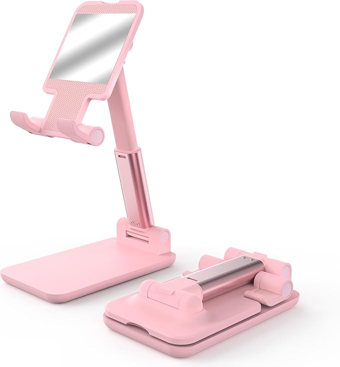 Cell Phone Stand, Angle Height Adjustable Cell Phone Holder for Desk, Fully Foldable with Silicone Pad, Compatible with iPhone and All Mobile Phones Tablet, Sturdy Weighted Base (Pink-2)