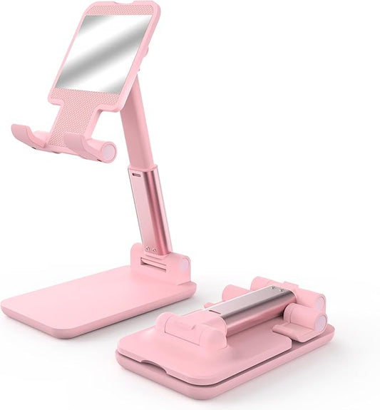 Cell Phone Stand, Angle Height Adjustable Cell Phone Holder for Desk, Fully Foldable with Silicone Pad, Compatible with iPhone and All Mobile Phones Tablet, Sturdy Weighted Base (Pink-2)