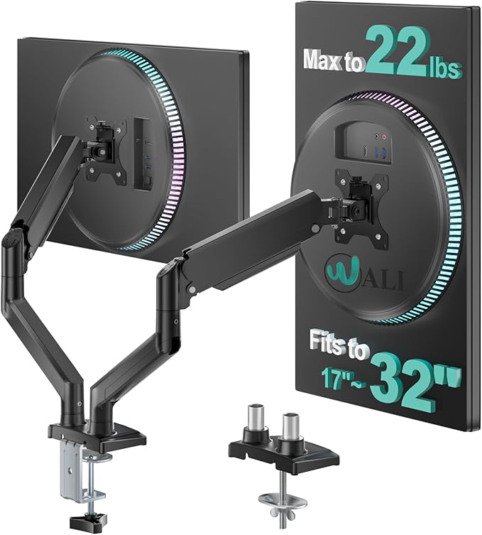 WALI Dual Monitor Stand for 17-32 inch Computer Screens, Dual Monitor Arms for 2 Monitors Holds up to 22 lbs, Height Adjustable Gas Spring Dual Monitors Mount, VESA 75x75/100x100mm (GSMP002N), Black