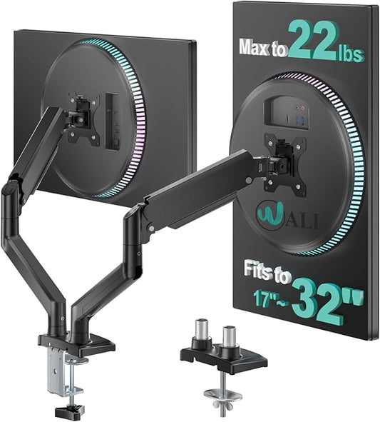 WALI Dual Monitor Stand for 17-32 inch Computer Screens, Dual Monitor Arms for 2 Monitors Holds up to 22 lbs, Height Adjustable Gas Spring Dual Monitors Mount, VESA 75x75/100x100mm (GSMP002N), Black