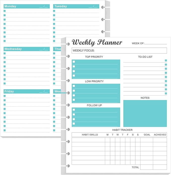 Weekly Planner Undated Refills - Letter Size 53 Sheets/106 Pages Weekly Planner for 11-Disc Discbound, TUL, 100 gsm White Paper, Lasts 1 Year, Undated, 8.5" x 11", Teal