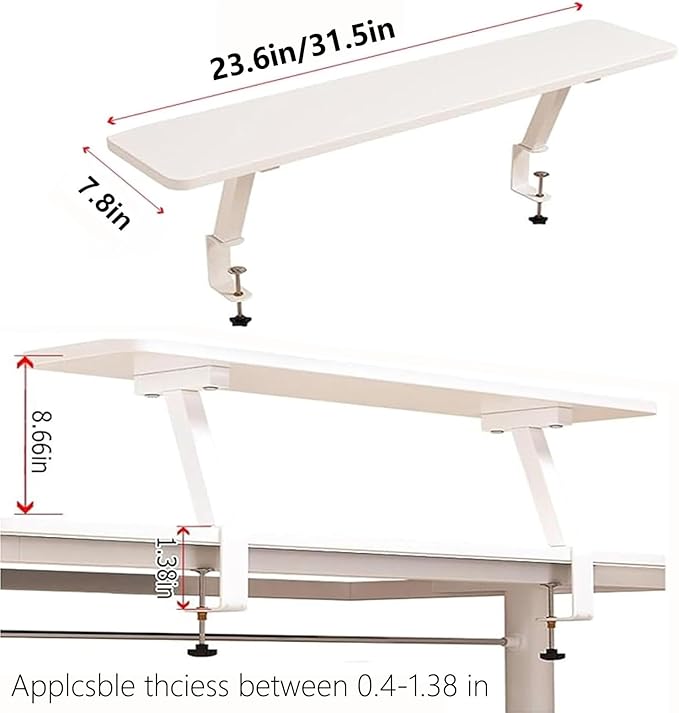 AWSAD Clamp on Desk Shelf, Desktop Extender Storage Organizer Adjustable Floating Desks Shelf for Office, Dorm, Home Desk Organization, White (23.6 x 7.8 in)