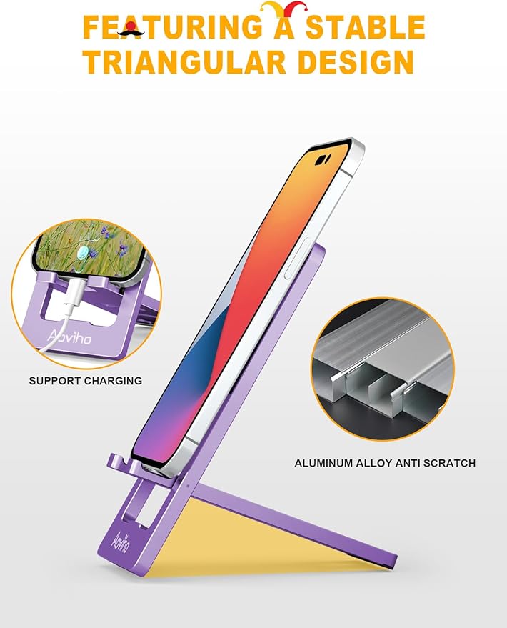 Phone Stand for Desk, Ultra-Thin Foldable Aluminum Phone Holder, Portable Travel & Office Cell Phone Stand Compatible with iPhone 17 16 15 14 13 12 Pro Max, Fits 3.7"-7" Devices, Purpel