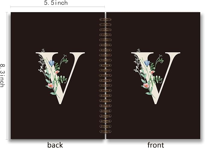 Trendy Personalized Journal Hardcover Spiral Notebook,Black Initial Letter V Notebook,Monogrammed Gifts for Women Teen Girl,College Ruled Hardcover Spiral Notebook 5.5 x 8.3