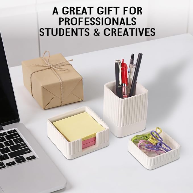 Aesthetic Concrete Desk Organizer Set of 3 - Stylish & Durable Office Accessories - Includes Pen Holder, Paperclip Storage, and Sticky Note Holder for a Clean, Modern Workspace (White)