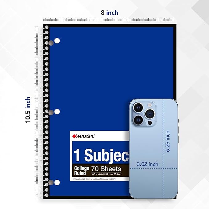 Kaisa 1 Subject Spiral Notebooks, 70 Sheets 6 Vibrant Color Options, 4 Pads Per Color – Abundant Stock for All Your Needs College Ruled 10.5"x8" Paper, Note Books Home School Supplies for Students Office, 1Carton of 24pcs