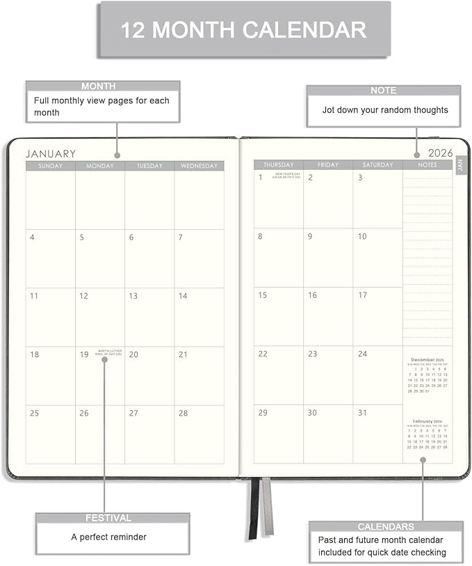 2026 Planner - 2026 Weekly & Monthly Planner with Calendar Stickers, JAN 2026 - DEC 2026, 5.75" X 8.25", 2026 Calendar/Planner with Premium Thicker Paper, Pen Holder, Inner Pocket and 44 Notes Pages - Gray