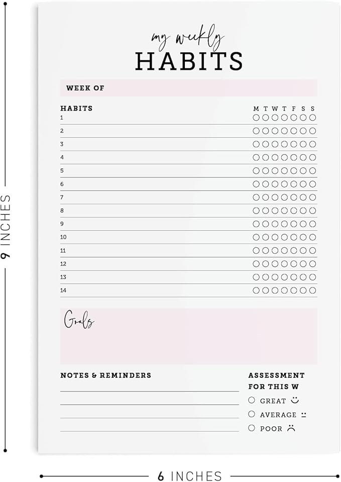 CARDAMONOLY Habit Tracker Notepad in Black and Light Pink- 50 Page Tear Off Planning Pad - 6 x 9 - High Performance Planner - Chore Chart for Adults - Weekly Planner Undated - Self Care Planner