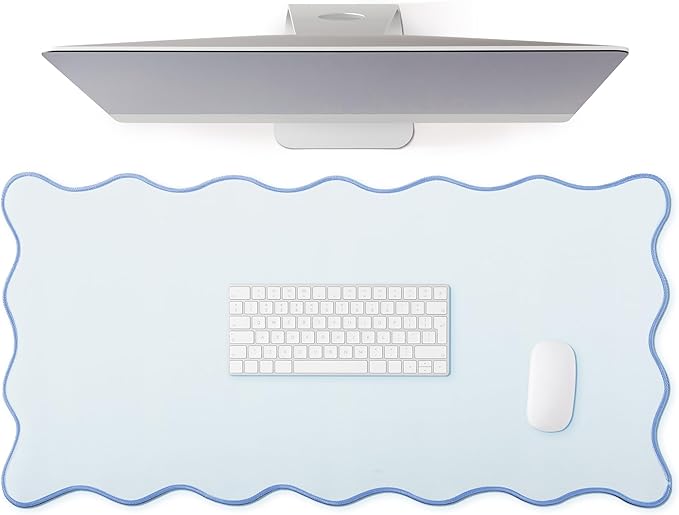 Scalloped Desk Mat Large Scalloped Piping Cute Desk Mat Aesthetic Preppy Table Pad Large Nonslip Pad with Edge Stitching Waterproof Gaming(Blue,31.5 x 15.75 Inches)