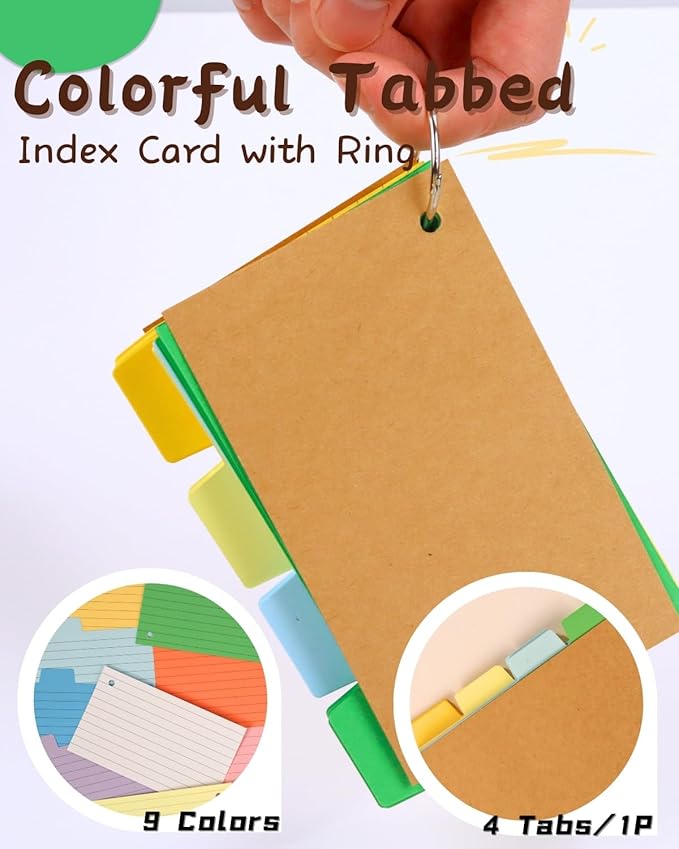 Tabbed Index Cards with Ring 3x5, Lined Colored Flash Card with Tabs, Assorted Colors Thicken Notecards School Supplies for Students Study Note Office Essentials (ColorA+ColorB+2White, 400PCS)