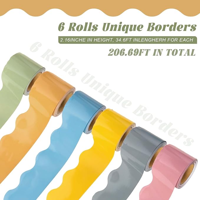 6 Rolls 206.69ft Fall Bulletin Board Decorations, Bulletin Board Borders Roll for Classroom, Scalloped Trim Colorful Borders for Back to School Theme Classroom Office Decor Supplies(Cottage)