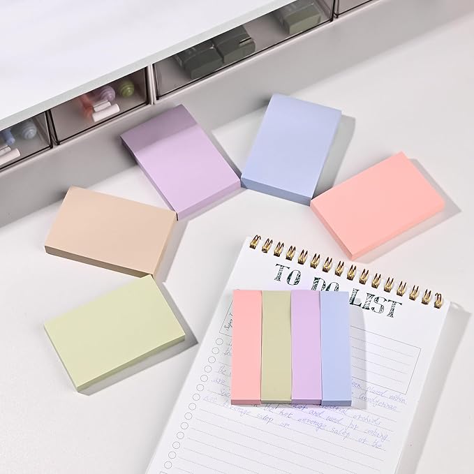 BAYTORY 6 Pads Pastel Sticky Notes, Small Self-Stick Note, Index Tabs Easy to Post for School Office Notebook (3x2 & 3x0.7 Inch)