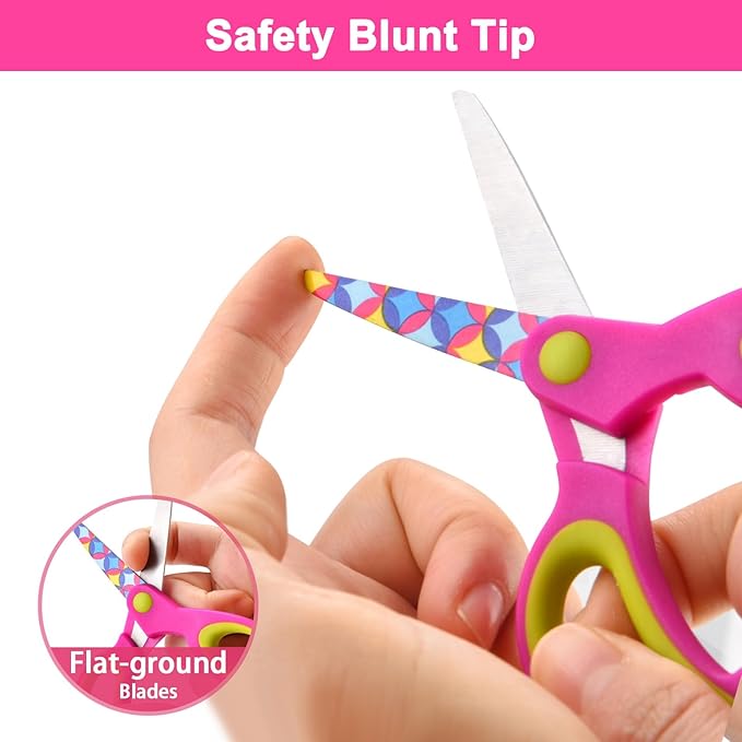 Kids Scissors - Safety Toddler Children Scissors with Blunt Tip - Fun Print Blade - Soft Grip, Great for DIY, Arts, Home, School Classroom Supplies, Assorted Color, 6-Pack