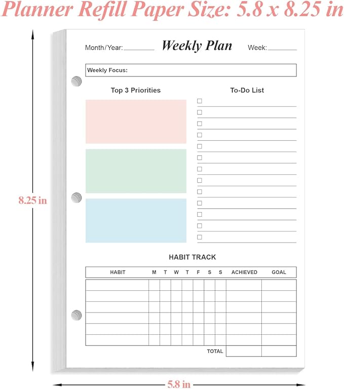 (2-Pack) Half Letter Size Weekly Planner Refills for 3 Ring Mini Binders - 53 Sheets/106 Pages Undated Colorful Weekly Planner, 100 gsm White Paper, Lasts 2 Year, Undated, 5.8" x 8.3"