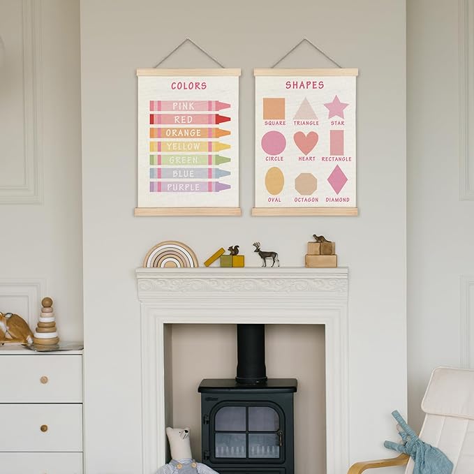Supwhd Shapes Colors Posters for Classroom Wall, Shapes Colors Learning Poster Hanger Frame Wall Decor for Classroom Nursery Kids Room Playroom Preschool Decor, 12x16 Set of 2（Pink）