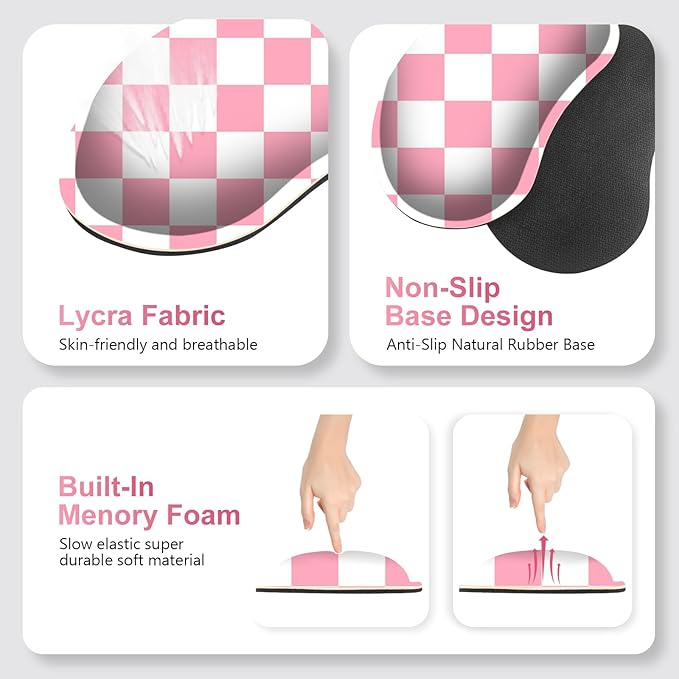 Pastel Pink White Checker Mouse Pad Set, 4 in1 Ergonomics Keyboard Desk Mat with Memory Foam Wrist Rest, Extended Game Mousepad, Non-Slip Large Gaming Desk Pad Matt Easy Typing Pain Relief