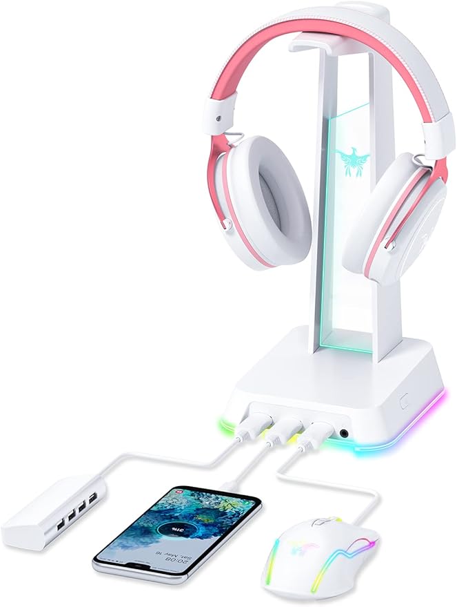 RGB Headphone Stand with 3.5mm AUX and 3 Port USB 2.0 Hub, Universal Gaming Headset Hanger Holder for Computer Gaming Gamer Accessories (White)