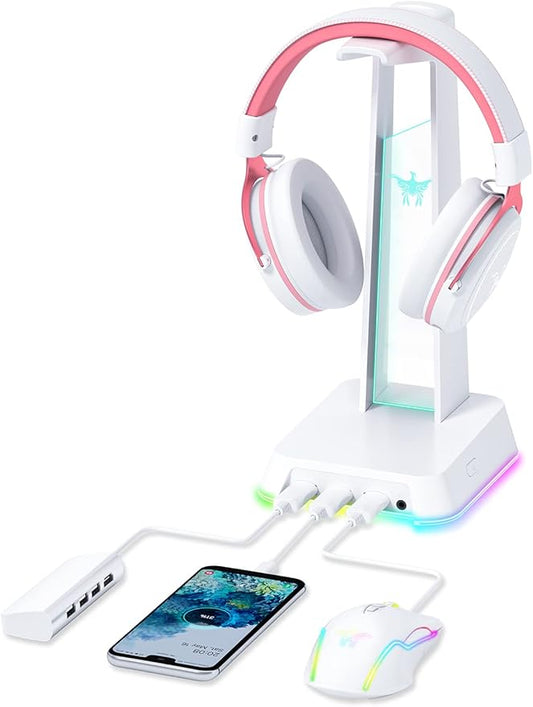 RGB Headphone Stand with 3.5mm AUX and 3 Port USB 2.0 Hub, Universal Gaming Headset Hanger Holder for Computer Gaming Gamer Accessories (White)