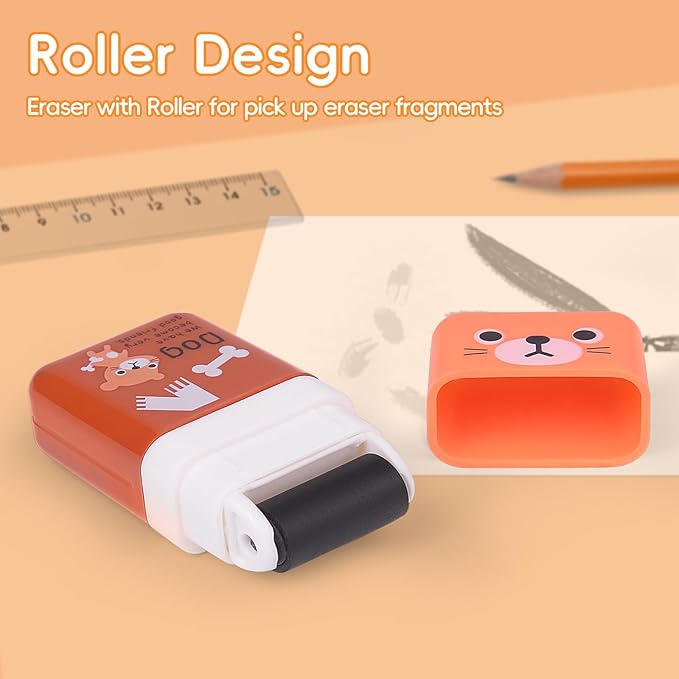 12Pack of Pencil Erasers,Pencil Eraser Shaving Roller Case for Easy Pick Up and Removal | Animal Themed Cute and Fun Party Favor and School Supplies for Kids,Back to School Gift