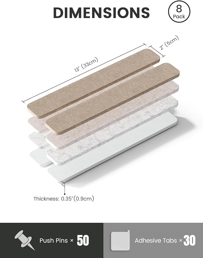 Cork Board Alternative Felt Strip Board 8-Pack 13"x2", Office Pin Board with 50 Push Pins, Adhesive Install for Bedroom Door & Home Office(Stone Beige)