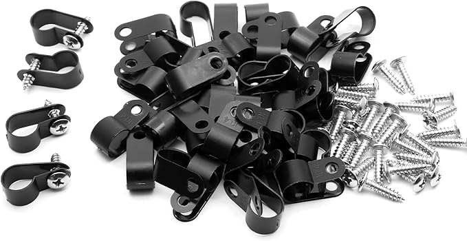 60pcs 3/8 Inch Nylon Cable Clamps, R-Type Wire Cable Clips with M4 Screws, Screw Mounting Cord Fastener Wire Conduit Clamp for Wire Management (Black)