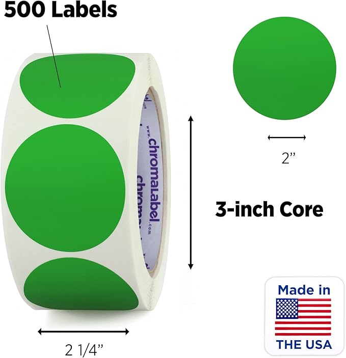 ChromaLabel 2 Inch Round Label Removable Color Code Dot Stickers, Inventory Label, 500 Labels per Roll, Green