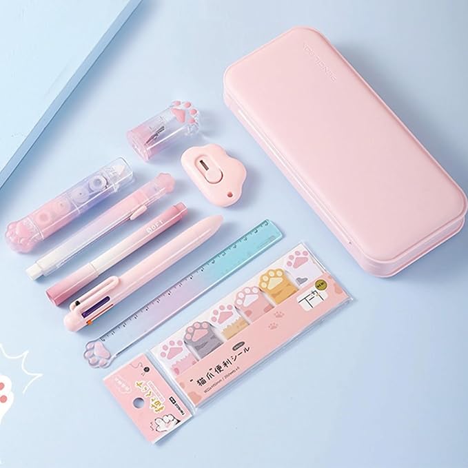9 Pcs Cute Pink Stationery Set Cat Paw School Supplies Kawaii Office Supplies Including Pens Pencil Sharpener Highlighter Eraser Correction Tape Ruler Utility Knife (Cat Paw-Pink)