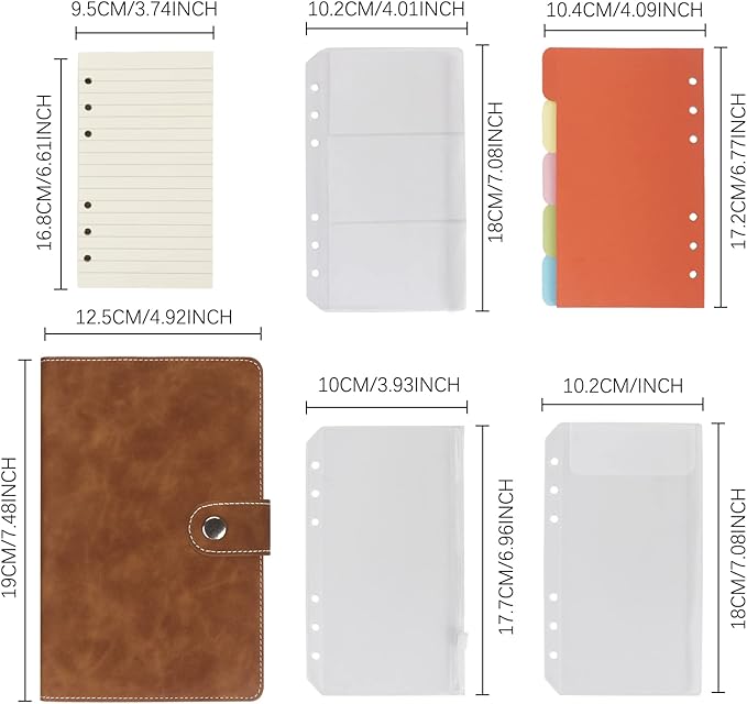 FYY A6 Binder Refillable Planner Notebook 6 Ring PU Leather Binder Journal with Pockets, Dividers, Refill Paper Brown