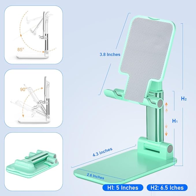 2 Pcs MT-6 Cell Phone Holder, Adjustable Angle and Height, Anti-Slip Silicone Pad, Foldable and Portable, Compatible with 4-8 Inch Devices(Green+White)