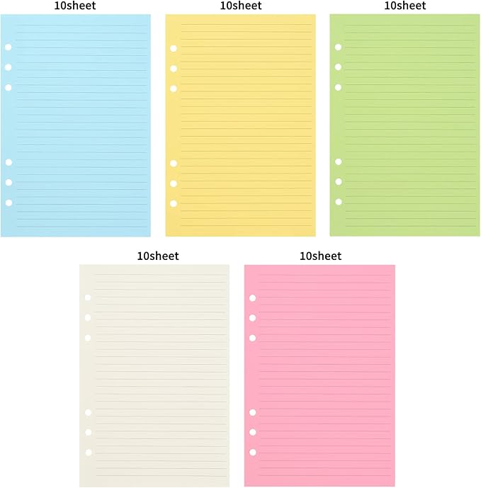 A5 Lined Notebook Paper,Color Loose Leaf Paper for 6-Ring Binder Planner Organizer, 6-Hole Binder Refill Paper Insert, 50 Sheets/100 Pages,Ruled (8.25 x 5.6") (1)