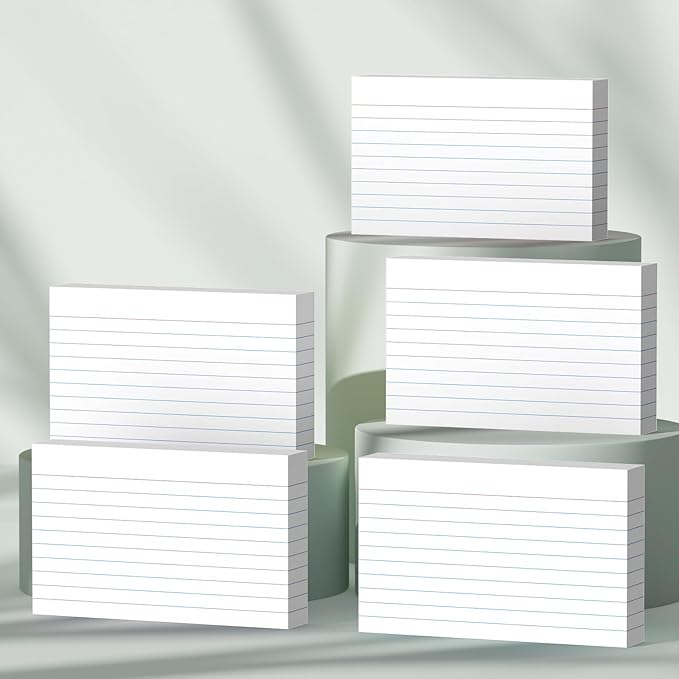 250 Count White Index Cards 3x5 Inch - 180gsm Heavyweight Flash Card (50 Sheets Each), Durable & Portable Note Taking for Students, Teachers, Study Flashcards for Office Home School Supplies