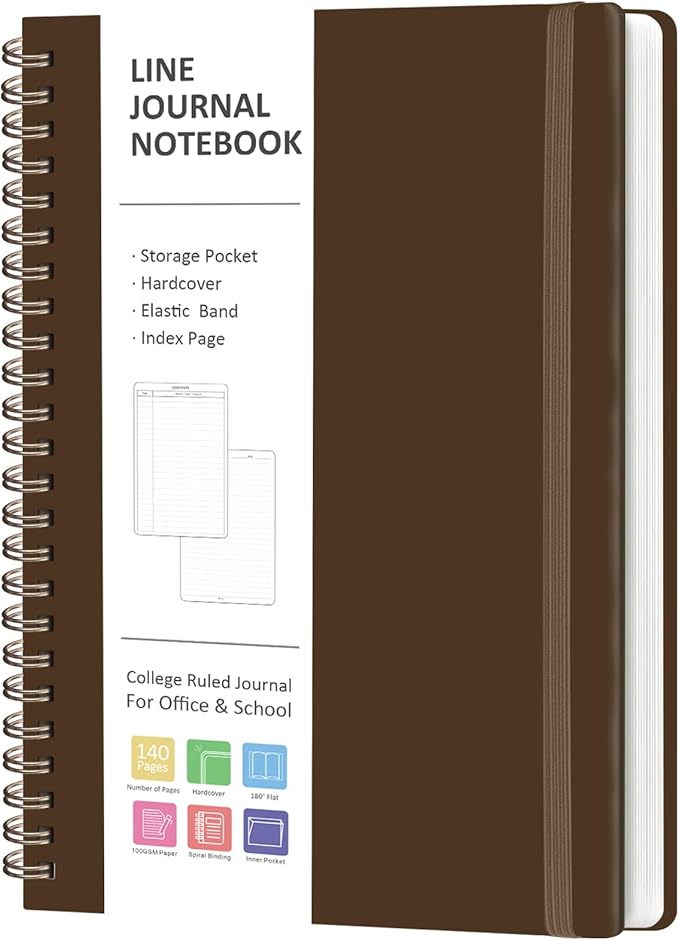 VALOME Journaling Notebooks, A5 Lined Spiral Notebook for Women & Men, 146 Pages College Ruled Hardcover Note Book for Work, Note Taking, Journaling, School, Writing (Brown)
