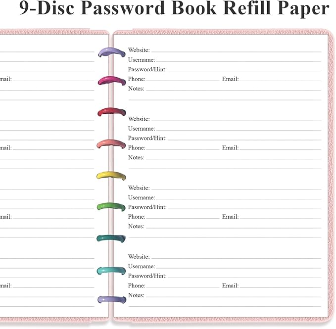 9-Disc Discbound Password Book Refills for Happy Planners - A-Z Password Notebook Refill Paper with Alphabetical Tabs, 120gsm White Paper, 7" x 9.25"